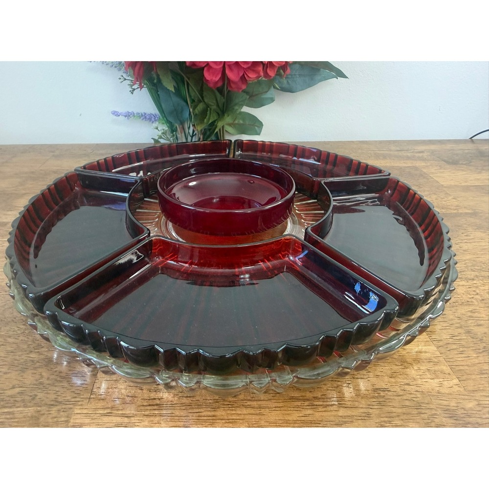 Vintage‎ Anchor Hocking Ruby Red Divided Relish Tray Chip Dip Set MCM Glass